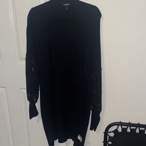 Express Black Open-Front Crochet-Sleeve Long Cardigan